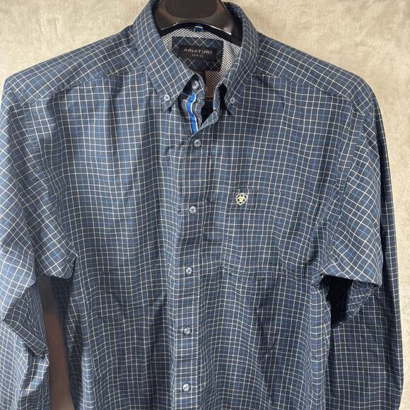 Ariat Pro Series Mens Shirt XL Blue Long Sleeve Plaid Button Down Stretch Cowboy - Picture 1 of 16
